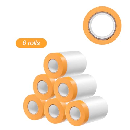 Image of HARFINGTON 6 Rolls Pre-Taped Masking Film 21.7 inch x65.6ft Tape and Drape Painters Plastic Drop Cloth Film with Tape Plastic Sheeting for Automotive Painting Covering