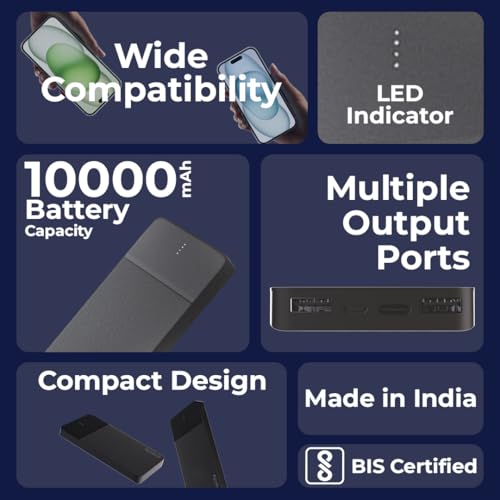 Image of OneLife 10000mAh Power Bank | 12W Fast Charging | Dual USB Output | Slim & Portable | ABS Body | BIS Certified | Compatible with iPhone, Android, Type-C Devices - Black & White (Black)