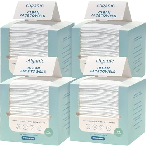 Cliganic Clean Face Towels XL, Bulk Size (200 Count), Disposable, Ultra-Absorbent, Hypoallergenic & Soft - Makeup Remover Dry Wipes, Pamper Your Face, Hygienic Towelettes, for All Skin Types