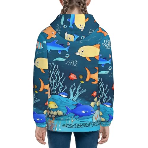 Small Blue underwater world of fish Print Girls Athletic Zip Up Hoodies,Sweatshirts with Pockets Long Sleeve Hooded Jackets, for 7-18 Y4