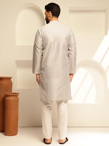 Image of SOJANYA (Since 1958 Men's Silk Blend Contrast White Thread Detailing Kurta With White Pyjama