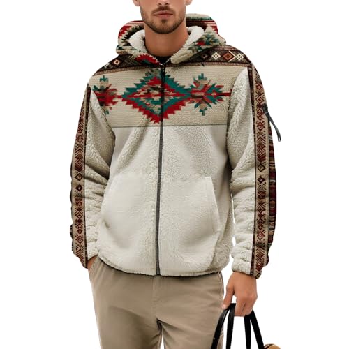 Zip Up Hoodie for Men 2025 Trendy Aztec Print Western Sweatshirts Heavyweight Warm Fleece Sherpa Lined Hooded Jacket