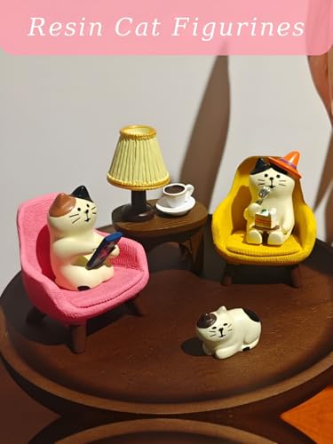 Miniature Cat Figurines Set – 6-Piece Resin Desk Decor with Sofa & Lamp,Cat Statues for Office Shelf Home, Gift for Cat Lovers (CAT) - Image 4