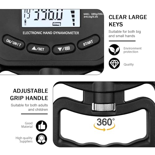 Digitaler Handkraftmessgerät: 396lb/180Kg Hand Dynamometer, Elektronische Griffkraft Messgerät, LED Display Grip Strength Trainer mit USB-Ladekabel, Intelligent Einfühlsam Griffkraftmessgerät