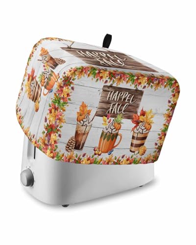 Fall Toaster Cover 2 Slice, Maple Leaf Pinecone Pumpkins Wood Grain Bread Maker Dust Cover with Pockets for Kitchen Small Appliance 11x6x8in