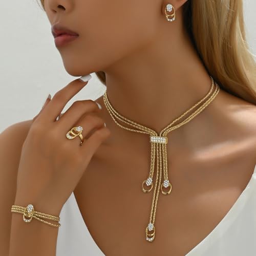 RELOVET Conjunto de joias com pingente de strass com cristais, colar, pulseira, anel, brincos dourad