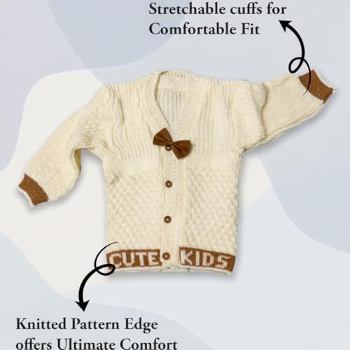 Image of Baby Unisex New Born Baby Boys Girls Soft Comfortable Trendy Woolen Round Neck Stripe Sweater Set with Payjami, Cap and Pair of Booties for Toddlers