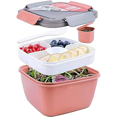 Greentainer Salatbehälter Lunch-Behälter Bento Box für Mittagessen, 3 Fächer für Salat und Snacks, Salatschüssel mit Dressingbehälter, Auslaufsicher, Mikrowellengeeignet 1500 ml Dunkel Cover