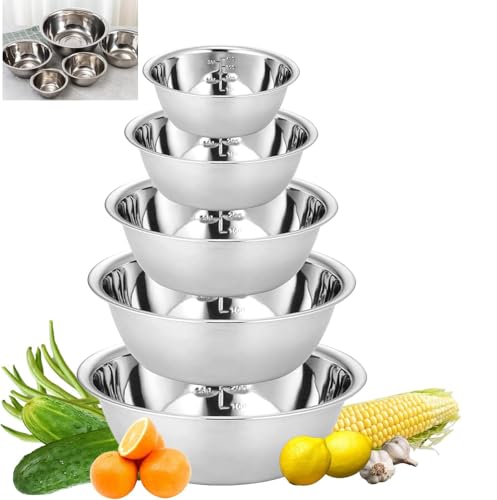 Yitobici Edelstahl Schüssel Set 5-teilig, Salatschüssel mit Skala, Rührschüssel Servierschüssel Stapelbar,Rührschüssel Edelstahl mit Flachem Boden, Schüsseln für Küche Backen Salat