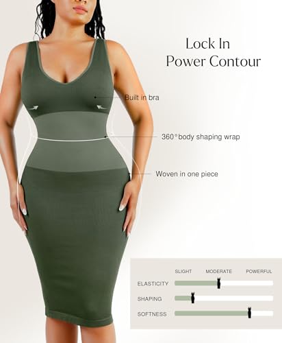 Image of Popilush Tummy Control Dress for Women Shapewear Bodycon Midi Dresses Sleeveless V Neck Summer Party Sundresses
