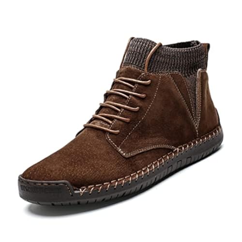 Image of Men's Vintage Hand Stitched Lace-Up Mid Loafers,Lace-up Chukka Dress Boot Motorcycle Walking Boots,Casual Leather Ankle Boots