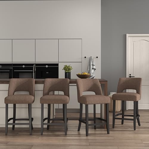 Image of VKNOW Bar Stools Set of 4, 26 inch Upholstered Counter Height Bar Stools | Modern Counter Stools with Black Rubberwood Legs for Kitchen Island Dining Room Bar, Brown-Black Legs