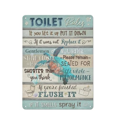 FixeLLD Rustic Metal Tin Sign Toilet Rules Sign for Bathroom Vintage Bathroom Decor Sea Turtle Wall Art Ocean Beach Theme Artwork Funny Toilet Rules Prints Signs Bath Room 12x16inch