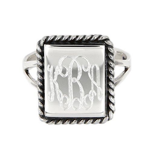 Lgu Sterling Silver Polished Monogram Custom Engrave Rectangular Shape Oxidized Rope Edge Signet Ring (9) #TOP2