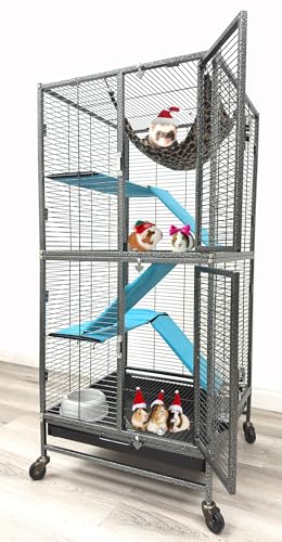 Deluxe Two Full Story Double Unit 4-Tiers Chew-Proof Tight 1/2-Inch Bar Spacing Double Durable Front Doors Feisty Ferret Hammock Squirrel Chinchilla Rat Gerbil Small Animal Critter Rolling Home Cage