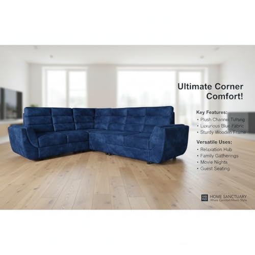 Image of APRODZ Wooden Sofa Set 6 Seater for Living Room, Solid Wood L Shape Sectional Sofa with Velvet Fabric Upholstery, Cushioned Seating for Home, Office & Lounge, Blue