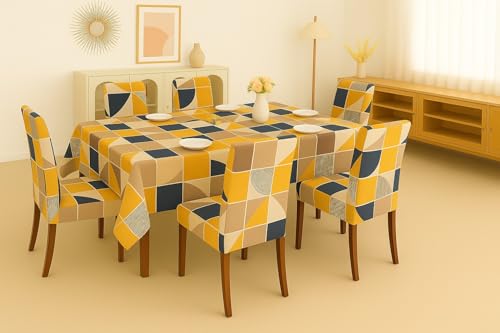 Image of Homerz Premium 6 Seater Dining Table Cloth with 6 Dining Chair Covers,Elastic Fitted Chair Slipcovers, Printed Polycotton Fabric, Table Cloth Size 60x90 inch (Harmony)