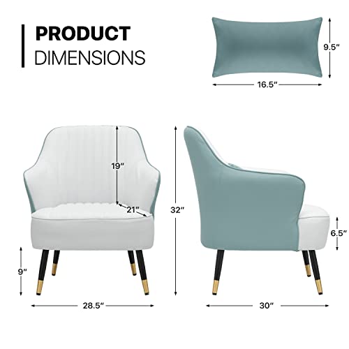 Monibloom Upholstered Accent Armchair For Living Room, Mid Century Modern Leatheraire Single Sofa Chair W/Lumbar Pillow For Reading, Metal Legs White/Cadetblue Contrasting Colors Chair For Bedroom #TOP2