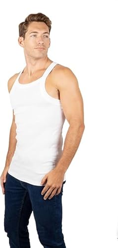 AC BASICS 2-4 camisetas regatas masculinas estilo G-Unit algodão corte quadrado com nervuras, Branco
