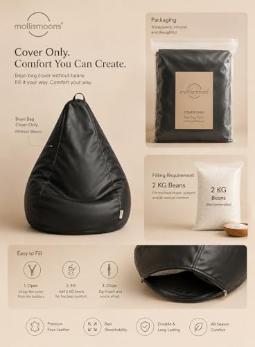 Image of Mollismoons Premium 300 GSM Stretchable Faux Leather Bean Bag Cover Only (Without Beans),Bean Bag Chair for Adults & Kids, Gaming, Study, WFH, Indoor Outdoor,45x24Inch (Midnight Black)