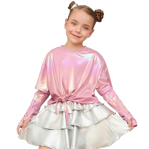 Image of Perfashion Girls Metallic Shirts Shiny Tie Front Knot Crop Top with Arm Sleeves for Dancing Raves Festivals 4-15 Years
