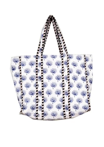 Generic Quilted Cotton Handprinted Reversible Large multicolor Floral Tote Bag (COTTON, WHITE&BLUE FLWOWER)