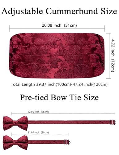 Image of Paisley Floral Tuxedo Cummerbund Bow Tie Pocket Square Set for Men | 3-piece set:cummerbund,bow tie&pocket square.Adjustable back for comfort.Silk blend,wedding,proms,black tie&formal events.