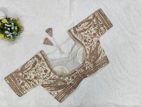 Image of Pujia Mills Women's Readymade Bridal Blouse Embroidery Copper Coding Glitter Sequence Thread Work Indian Ethnic Designer Stitched Half Sleeve Blouse Readymade for Women Saree Bridal Lehenga Choli
