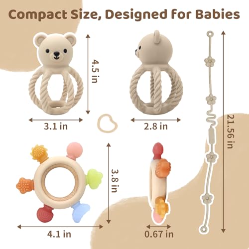 Image of 3Pcs Baby Silicone Teether Toy Set - Food-Grade Silicone Teething Relief Toys,Wooden Ring Teether Cute Bear Toy and Toy Straps for Babies 3-12 Months (Bright Beige)