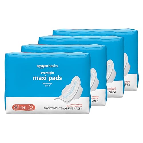 Image of Amazon Basics Thick Maxi Pads with Wings for Periods, Overnight Absorbency, Feminine Pads, Unscented, Size 4, 112 Count (4 Packs of 28)
