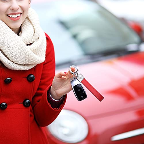Wisdompro Bling Leather Car Keychain, Universal Genuine Leather Car Keys Keychain Key Fob Keychain, Key Chains Women For Car Keys With Anti-Lost D-Ring And 2 Keyrings - Red #TOP5