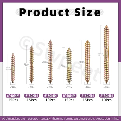 Image of Swpeet 80Pcs 6 Sizes M6 M8 Color Zinc Double Head Ended Screws Assortment Kit, Double Ended Screws, Wood Dowel Screw, Self Tapping Threaded Bolts Hanger Bolts for Woodworking Furniture Connecting