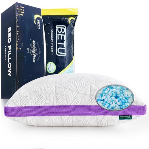 Image of BETU Cooling King Size Pillows Set of 2, Shredded Memory Foam Cool Pillows for Hot Sleepers, Adjustable Firm Soft Support Bed Pillow Perfect for Back Neck Pain and Side Sleeping with Cover, Purple