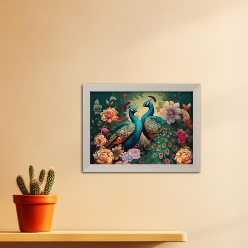 Image of TenorArts Peacock Love Birds Photo Frame Vastu Positivity Aesthetic Wall Painting Lucky Couple Art Frames with White Wooden Texture for Living rooms Office Bedroom - Wall Paintings / Hangings (12inches x 9inches)