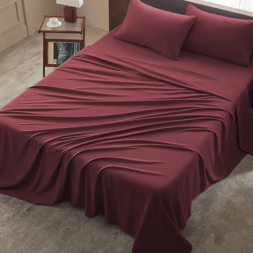 Image of Cal King 4 Piece Sheet Set - Comfy Breathable & Cooling Bed Sheets Set, Soft and Wrinkle Free, Deep Pockets, Easy & Secure Fit, Hotel Luxury Bedding - Oeko-Tex - Burgundy
