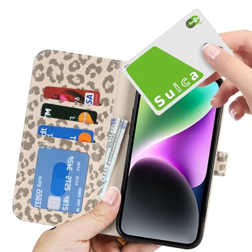 Image of for iPhone 14 Case Wallet with Card Holder,for iPhone 13 Wallet Case for Women Men,PU Leather Shockproof Magnetic Buckle Stand Flip Phone Case-Beige Leopard