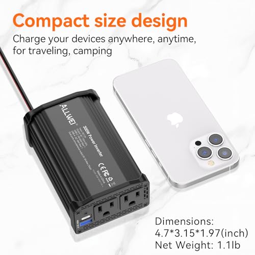 Image of ALLWEI 300W Power Inverter 12V DC to 110V AC Car Plug Adapter Outlet Converter with 27W PD USB-C &18W USB-A Fast Charger, Car Cigarette Lighter Adapter for Laptop Tablets Phones-Black