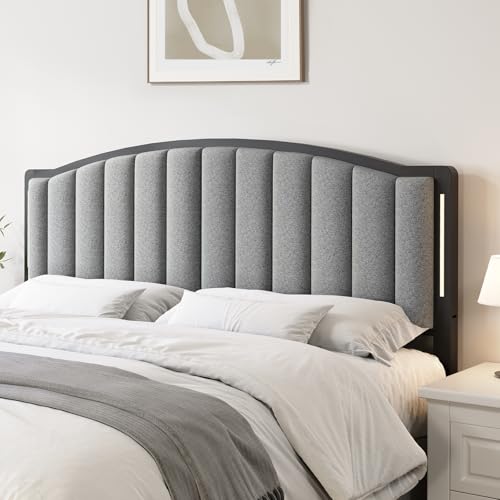 Salamir Headboard for Full Size Bed with LED Lights, Upholstered Vertical Channel Tufting Head Boards, Linen Fabric Bed Headboard Only, Study & Comfortable, Ideal for Bedroom, Dorm, Guest Room, Grey