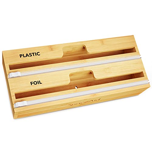 Organizador de papel film para cajón de cocina con dispensador de aluminio de bambú blanco
