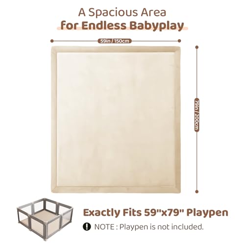 Image of Baby Play Mat for Floor, 1.3 Inch Thick Memory Foam Tummy Time Mat with Non Slip Backing, Soft Coral Velvet 59X79 Inch Playpen Mat Crawling Tatami for Infants Toddlers Kids, Beige
