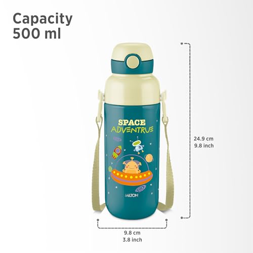 Image of Milton Steel Indus 600 Thermoware PU Insulated, 500 ml Water Bottle with Straw for Kids, Leak Proof Flip Top Sipper Lid Bottle, School, Picnic, Easy to Carry Belt, Dark Green
