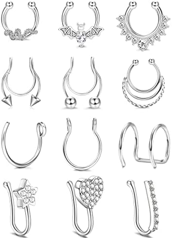 ZZHDCC Silver Fake Septum Fake Nose Rings for Women Surgical Steel Nose Cuffs for Non Pierced Nose Rings Hoops Fake Lip Rings Non Piercing Septum Rings Clip On Heart Faux Piercing Jewelry