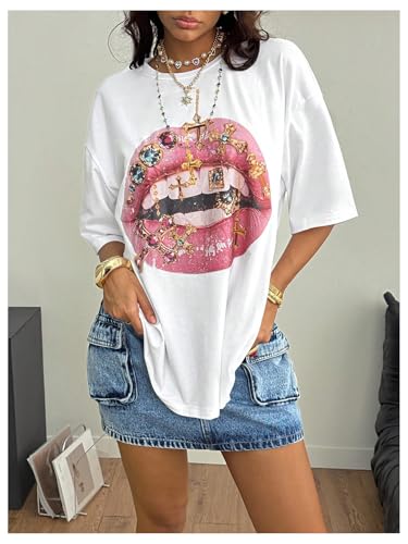SweatyRocks Women's Y2K Lip Graphic Tees Crew Neck Half Sleeve Oversized T Shirts Streetwear Tops2