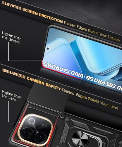 Image of WOW IMAGINE Tough Armor Bumper Mobile Back Case for iQOO Z9s Pro 5G | Vivo T3 Pro 5G | Sliding Camera Shield Cover | Shock Proof 360 Protection | Hybrid PC + TPU | Ring Holder with Kickstand - Black