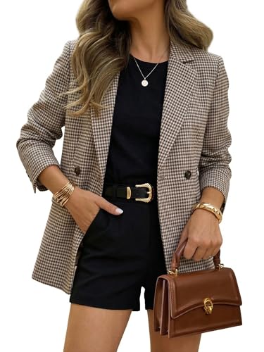 ELLEVEN Tweed Blazers for Women Business Casual Outfits Oversized Plaid Houndstooth Blazers Fall Long Jacket Work Casual Suit Old Money Office Professional Interview Clothes Brown Houndstooth Large