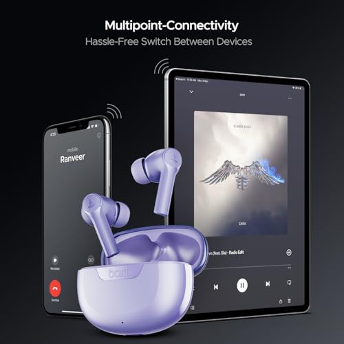 Image of Boat Airdopes 300, Cinematic Spatial Audio, 50H Battery, 4Mic AI ENx, Fast Charge, App Support, Low Latency, IPX4, v5.3 Bluetooth Earbuds, TWS in Ear Earbuds Wireless Earphones with mic (Purple Haze)