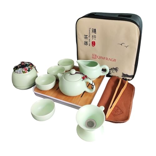 QINFRAGR Portable Chinese Gongfu Tea Set - Handcrafted Ceramic Tea Set for Chinese/Japanese Tea Ceremony, Complete with Teapot & 4 Cups, Travel-Friendly Gift Set (Light green)