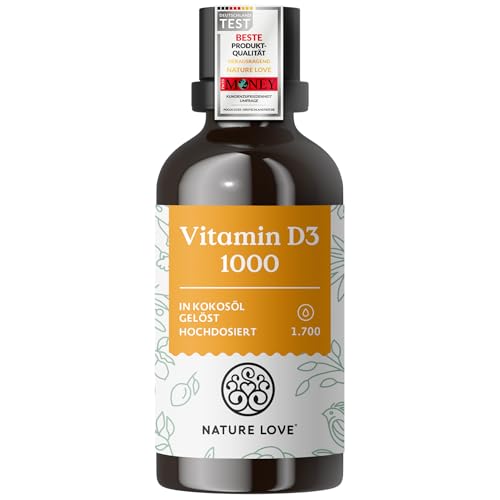 NATURE LOVE® Vitamin D3 1000 (50ml flüssig) – Laborgeprüfte 1000 I.E. pro Tropfen – in MCT-Öl aus Kokos – Vitamin D hochdosiert – hoch bioverfügbar, sehr hohe Stabilität und ohne unnötige Zusätze