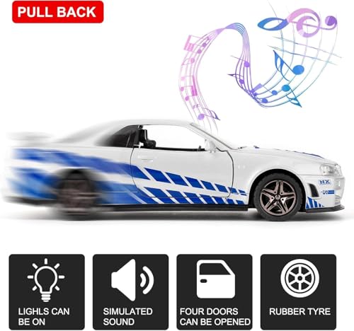 Image of 1:24 Nissan Skyline GT-R R34 Diecast Model Car, Pull Back Toy with Sound & Light, Collectible for Kids & Adults (Silver)
