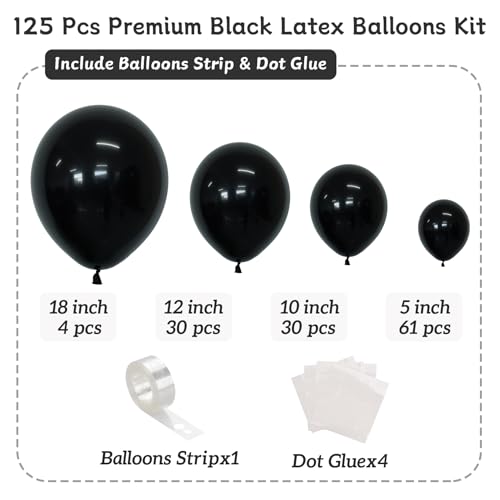 Black Balloons 125 Pcs Different Sizes Pack of 18 12 10 5 Latex Balloons for Birthday Party Black Balloon Arch Kit Garland Graduation Halloween New Year Anniversary Decoration - Image 4